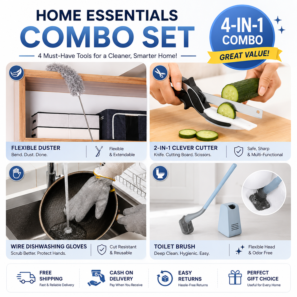 Complete Kitchen Pack (Extendable Fan Cleaning Duster + Wire Dishwashing Gloves + 2-in-1 Clever Cutter Knife + Toilet Brush)