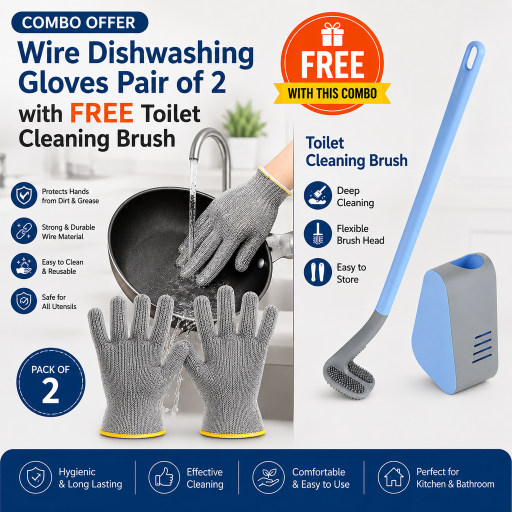Wire Dishwashing Gloves (Pair of 2 with Free Toilet Cleaning Brush)