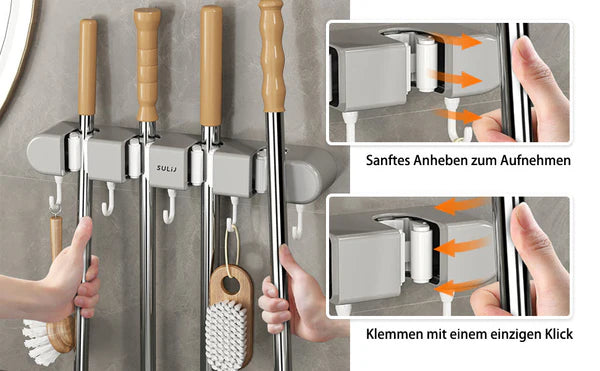 5 Slot & 6 Hook Wall Mounted Holder For Mop, Broom, Kitchen, Garden