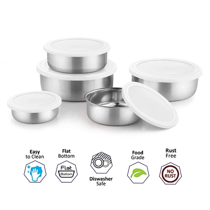 Stainless Steel Kitchen Bowl Set with Lids - Set of 5 Pcs