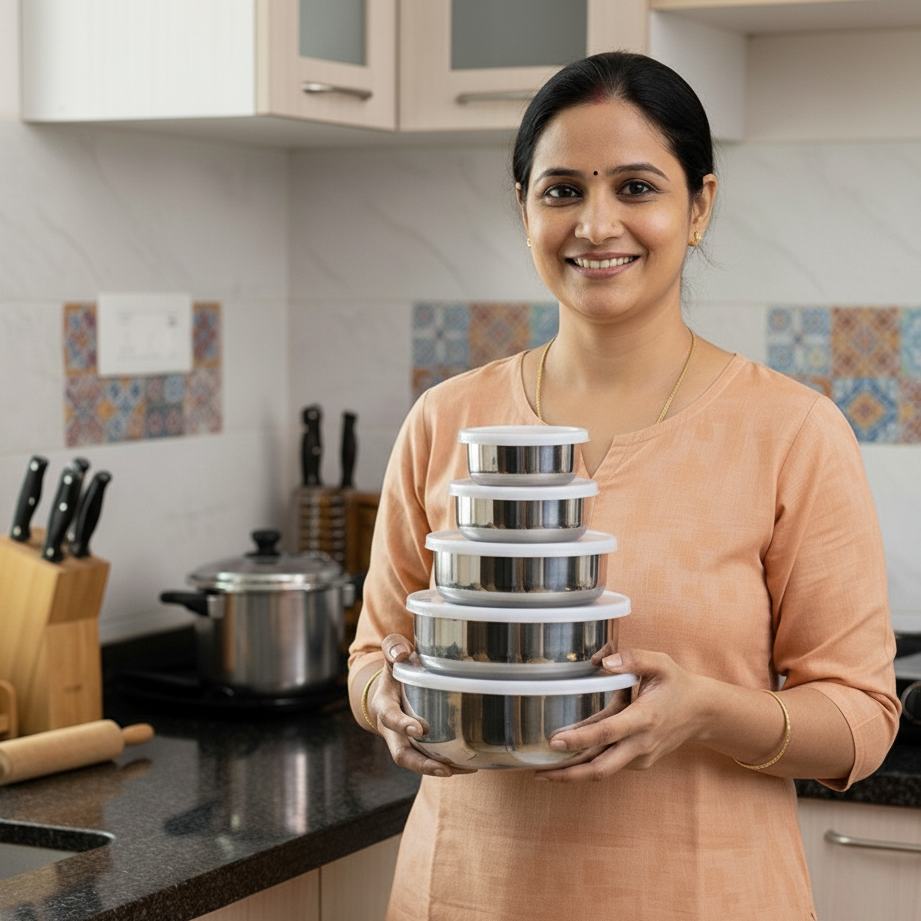 Stainless Steel Kitchen Bowl Set with Lids - Set of 5 Pcs