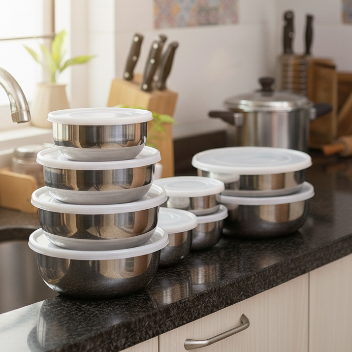 Stainless Steel Kitchen Bowl Set with Lids - Set of 5 Pcs
